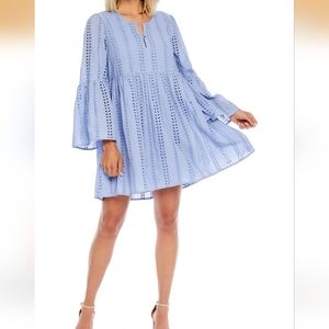 Mud Pie Womens Raylee Blue Eyelet Dress. Size L Cottagecore Babydoll 100% Cotton